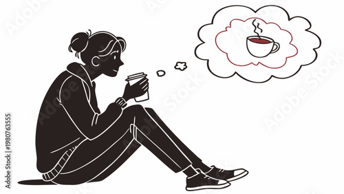 Person sitting with coffee cup lost in thought daydreaming about another cup of coffee relaxed atmosphere