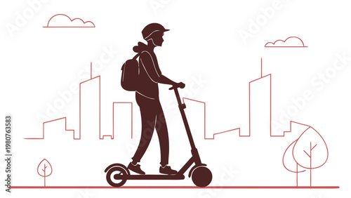 Person riding electric scooter in cityscape with modern buildings and trees urban transportation concept