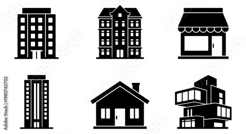 Modern building icons set, 6 black vector silhouettes of real estate and architecture, urban house and office building symbols for city maps
