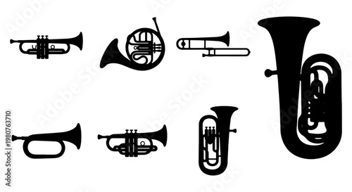 Brass musical instruments silhouette set, black trumpet and tuba icons, orchestral wind instrument collection, 7 vector elements for music design