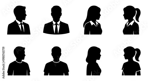 Professional avatar silhouettes, set of 8 business person profile icons, black male and female user headshots for corporate web design and social media