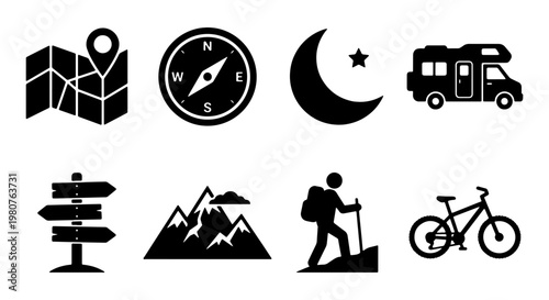 Outdoor adventure icons set, black camping and hiking vector elements, 8 travel and tourism symbols for map design, mountain exploration graphics