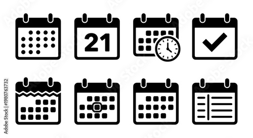 Minimalist calendar icon set, 8 black vector schedule symbols, planning and appointment management elements for business interface design