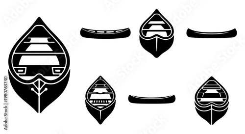 Minimalist canoe icon set, black silhouette boat vector collection, outdoor rowing and water transport symbols for camping and adventure branding