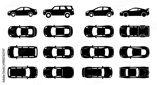 Black car icons set with 16 vector silhouettes, top view and side view vehicle symbols, automotive transport collection for traffic maps