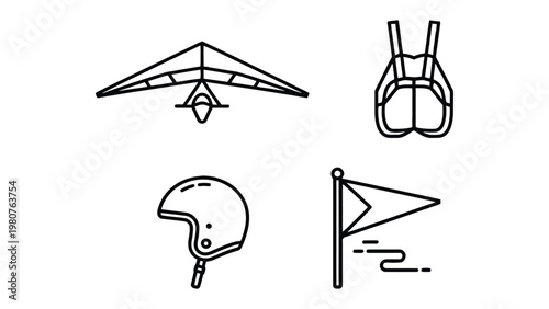 Hang Gliding Essentials: An assortment of line art icons depicting essential gear for the adventurous activity of hang gliding, including a glider, harness, helmet, and flag.