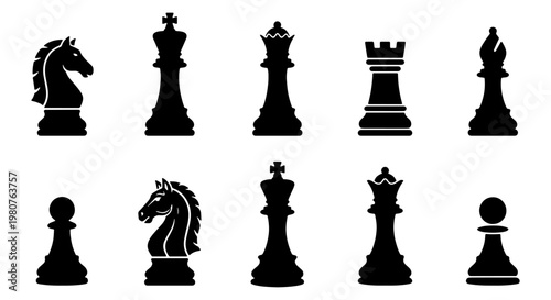 Black chess pieces vector icons set, classic chess silhouettes collection for strategy games, professional chess piece symbols on white background