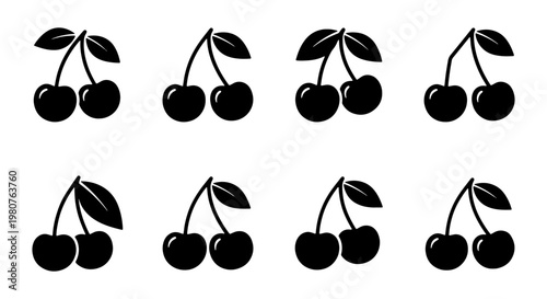 Minimalist black cherry icon set, collection of 8 cherry fruit vector silhouettes, simple organic food symbols for menu design and web UI