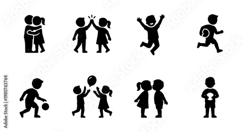 Happy children playing silhouette icons, set of 8 vector pictograms of kids activities, childhood friendship and play symbols for education