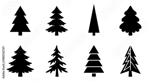 Minimalist pine tree silhouettes, collection of 8 black evergreen icons, flat vector conifer symbols for winter holiday and forest landscape design