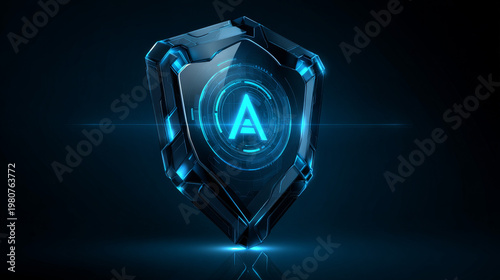 Cyber security intelligence protection shield with AI scanning technology vector logo design concept. Artificial intelligence shield logotype symbol for advance technology, identity, ui, new tech.