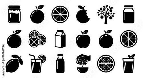 Orange fruit icons set, citrus and apple black silhouettes, 18 vector elements for juice packaging, fresh organic food and drink symbols