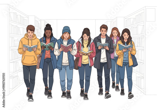 Diverse group of students reading books in a library