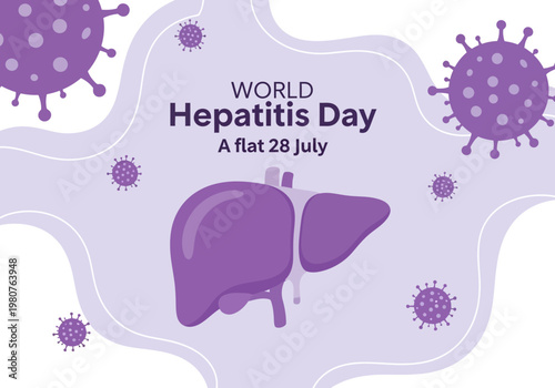 World hepatitis day flat design illustration with purple liver and viruses