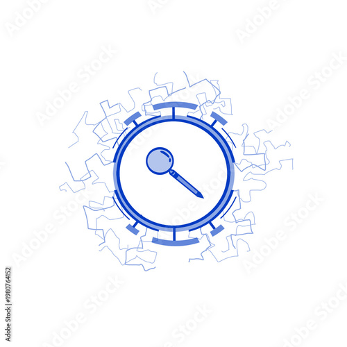 Magnifier icon in a round frame with lightning electric discharges blue color isolated on transparent background