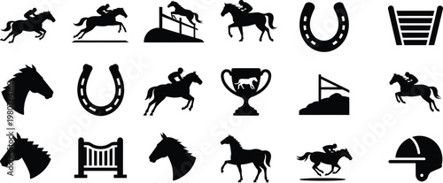 Horse Racing Icon Set – Black Silhouette Equestrian and Jockey Vector Collection, Derby Sport Illustration Isolated on White Background