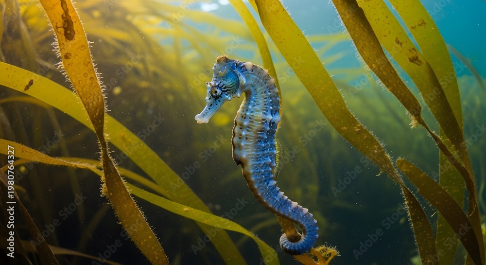 Obraz premium A blue seahorse swims near seaweed underwater in ocean waters slowly.