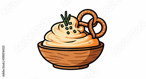 A bowl of creamy dip with pretzels and chives, cartoon style