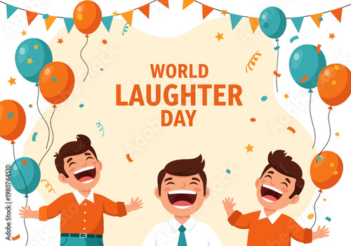 World laughter day celebration with happy boys laughing and balloons