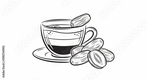 A black and white sketch of a cup of coffee with dates