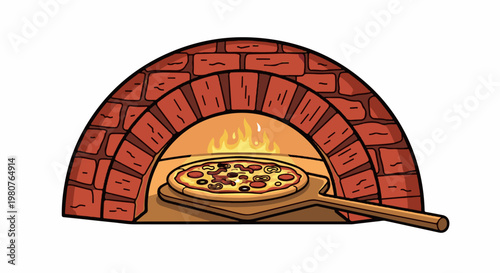 A cartoon brick oven with a pizza on a peel, glowing with flames