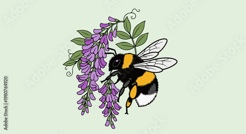A cartoon bumblebee collects nectar from a cluster of purple flowers