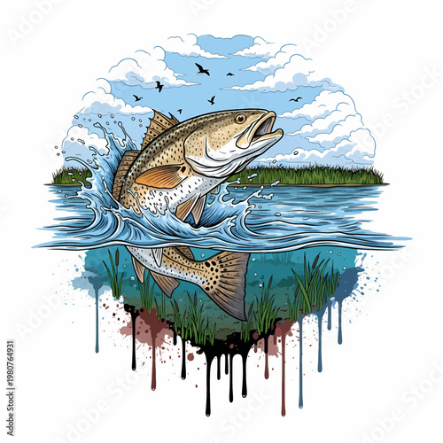 Speckled trout jumping out of water with marsh reeds in background