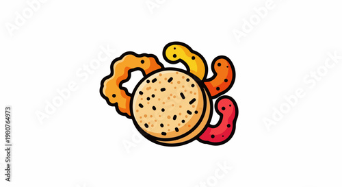 A cartoon burger with colorful curly fries and onion rings