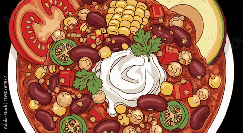 A bowl of hearty chili topped with sour cream, avocado, tomatoes, and jalapeños