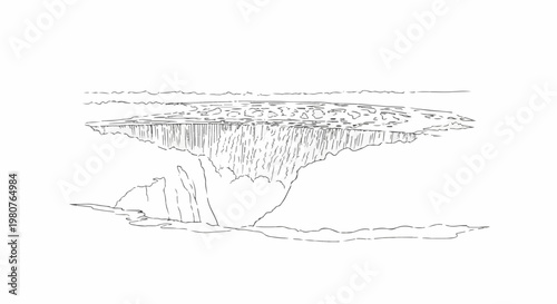 A black and white sketch of a dramatic waterfall cascading from a wide plateau