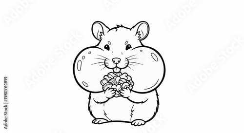 A black and white drawing of a cute hamster with full cheeks holding a pile of food