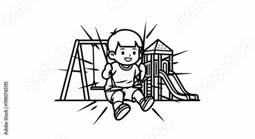 A cartoon child joyfully swings on a playground structure with a slide