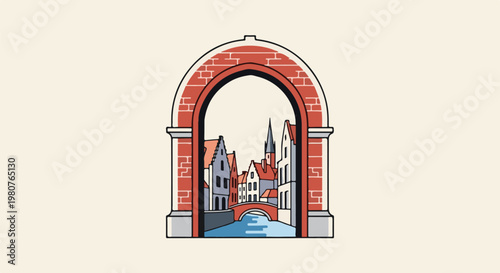 A brick archway frames a quaint European canal with colorful buildings