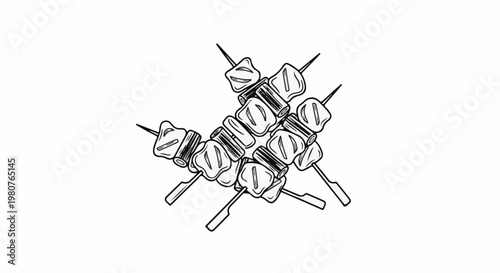 A black and white sketch of several meat skewers, artfully arranged