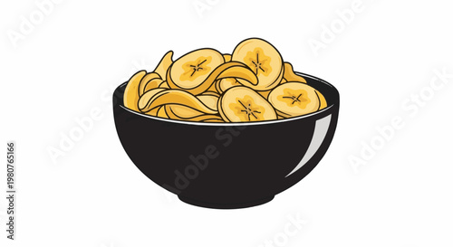 A black bowl filled with golden yellow banana chips