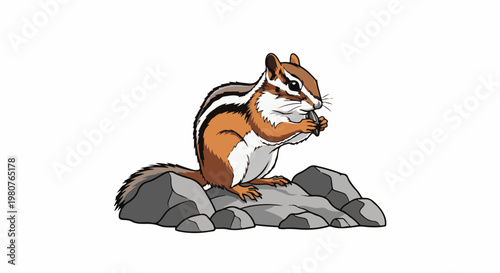 A cartoon chipmunk with stripes sits on rocks eating a seed