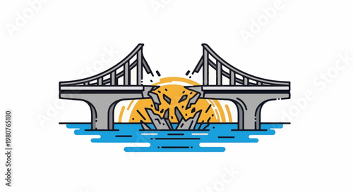 A bridge collapses mid-span, with debris falling into water