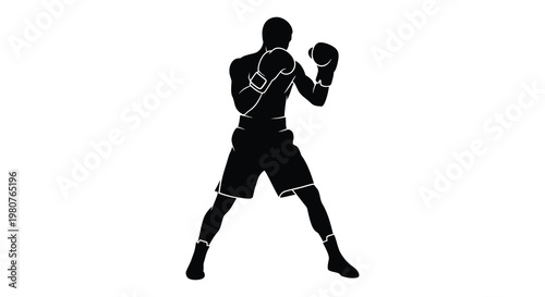 A determined boxer in a fighting stance powerfully poised for impact silhouette