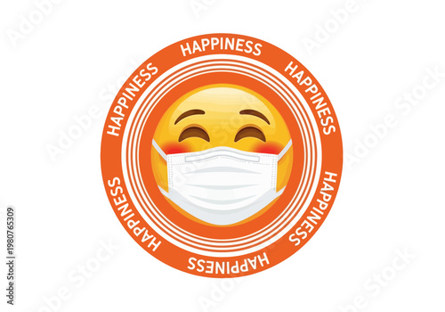 Smiling face with a medical mask and happiness text on orange