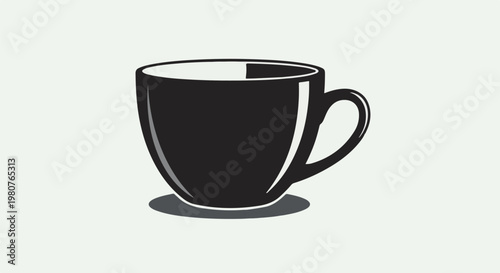 A black cup with a handle sits on a gray shadow against a light background