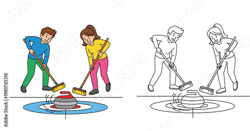 Curling Sport Illustration with Man and Woman Players and Coloring Page Version, Winter Game with Stone and Brooms on Ice Rink Vector for Hobby and Leisure Activities