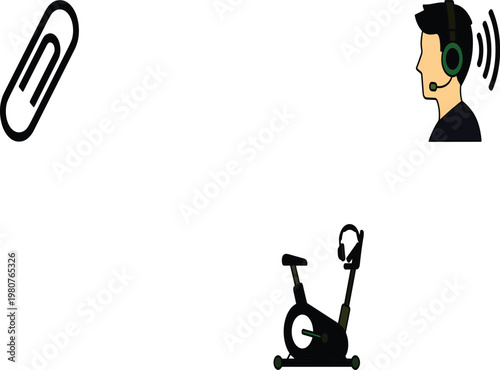 Multimedia Communication and Fitness Icon Set Featuring Megaphone Speaker Mute Symbol Customer Support Avatar Paperclip and Exercise Bike for Business and Lifestyle Designs