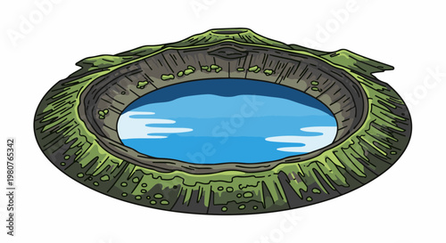 A cartoon crater lake with jagged green slopes surrounding blue water