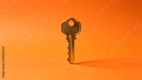Conceptual Minimal Composition with Brass Key on Bright Orange Background, Symbol of Secure Access, Digital Identity and Private Data Control