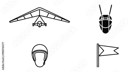 Hang Gliding Elements Illustration: A stylized illustration depicting essential elements of hang gliding, including a glider, harness, helmet, and flag.