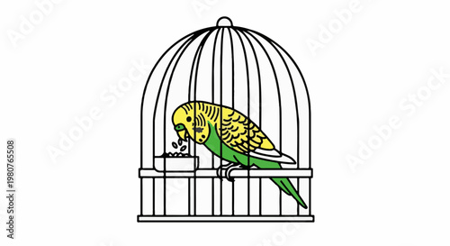 A cartoon budgie eats seeds from a bowl inside a cage