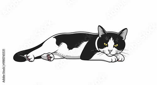A black and white cartoon cat rests its head on its paws