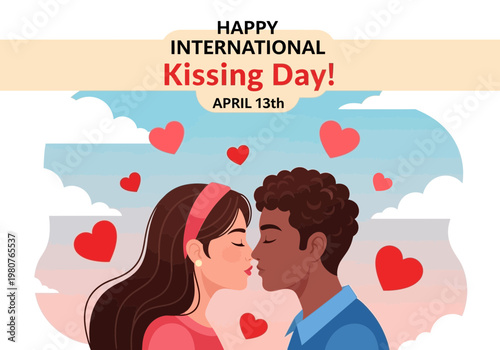 International kissing day illustration with couple and hearts