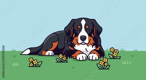 A cartoon dog reclines on green grass with yellow flowers under a blue sky