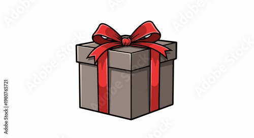 A cartoonish gray gift box adorned with a bright red ribbon and bow